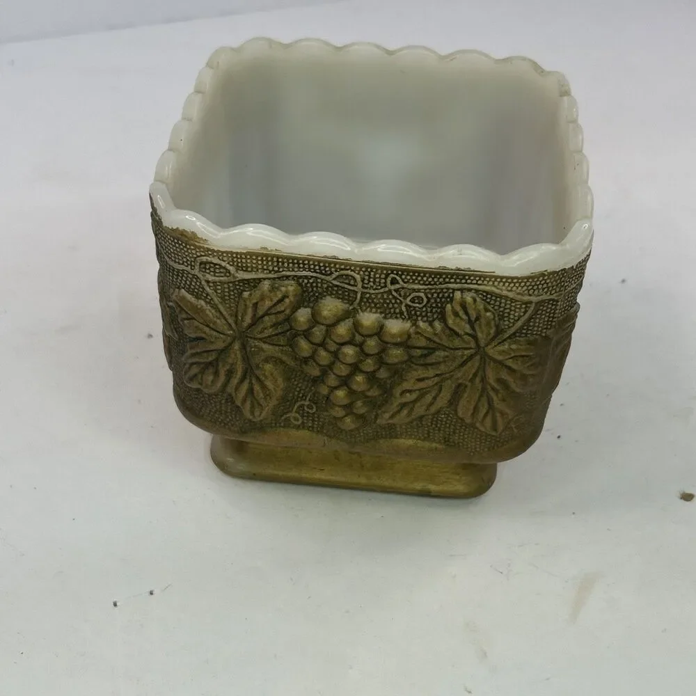 Vintage Indiana Glass Harvest Grape 4x4 Square Footed Candy Dish Gold Milk Glass